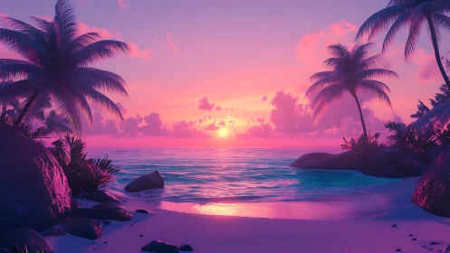 Neon dusk over tranquil tropical bay with glowing horizon.