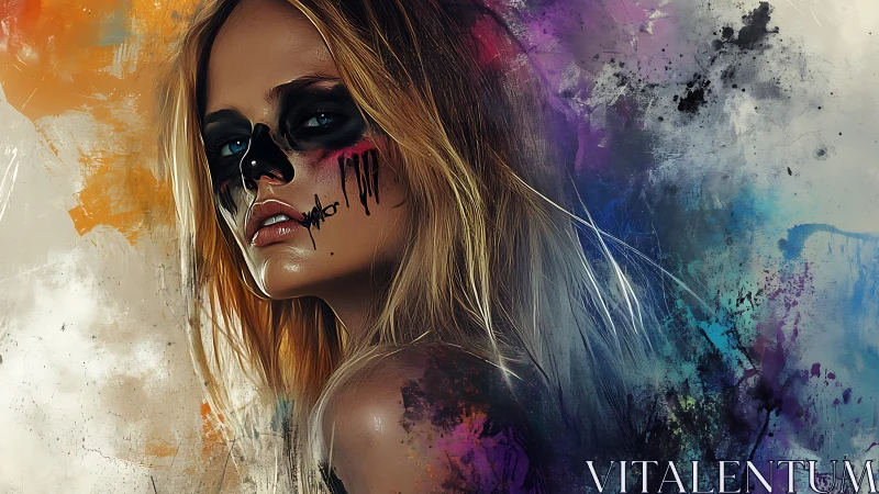 Portrait of woman with skull makeup amid dynamic splatter gradients