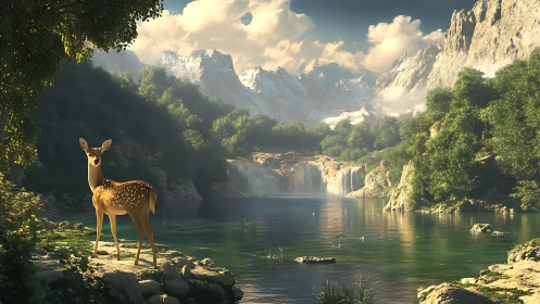 Gentle deer pauses by a glowing mountain lake at sunrise