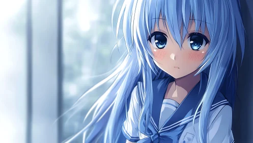 Shy blue haired schoolgirl resting in a quiet window glow.