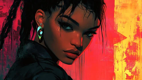 Intense neon portrait of woman against vivid red backdrop.