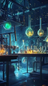 Luminous alchemy lab interior with suspended glass flasks.