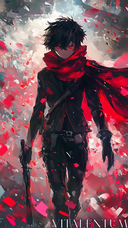 Scarlet-eyed swordsman strides through swirling embers.