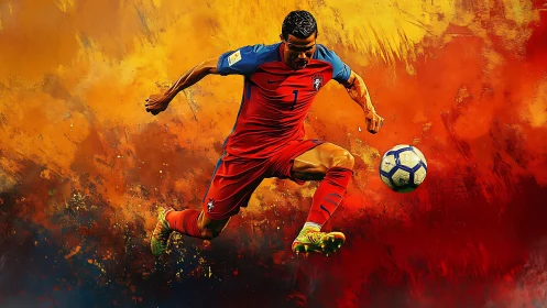 Soccer player mid kick against abstract orange backdrop.