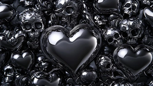 Monochromatic Heart Forms Within Rendered Skull Texture Matrix