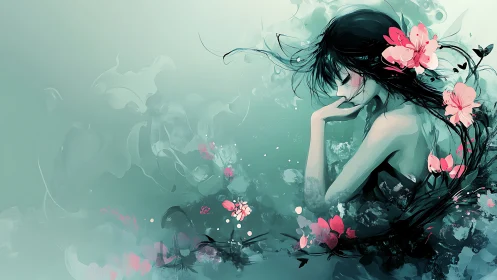 Melancholic female profile in teal floral digital abstraction