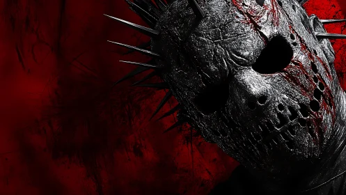 Spiked iron mask leans from crimson shadows and listens