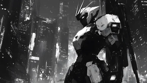 Monochrome combat mech dominates dense neon cityscape.
