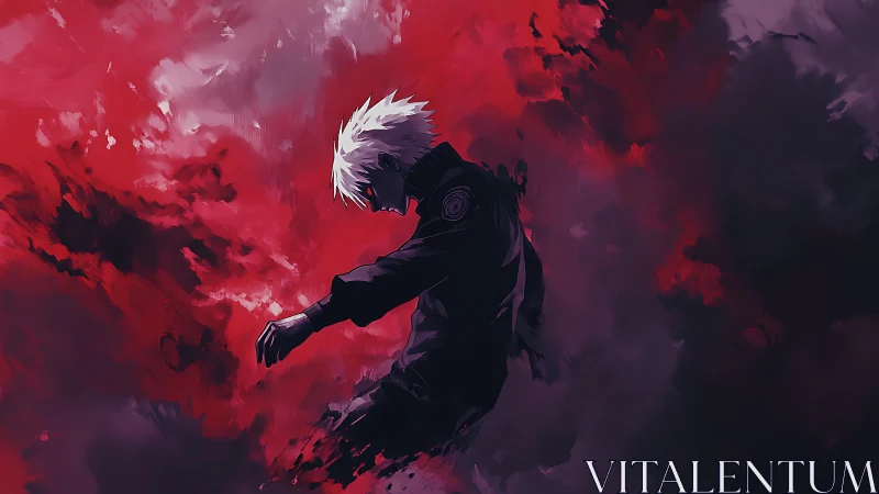 White haired warrior drifting through a storm of crimson shadows.