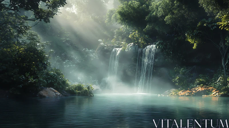 Volumetric light reveals a secluded rainforest cascade pool