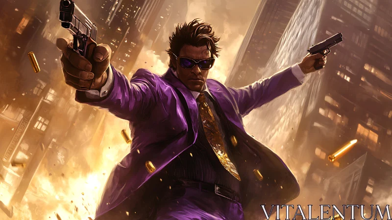 Gun-wielding antihero in purple suit amid blazing city chaos.