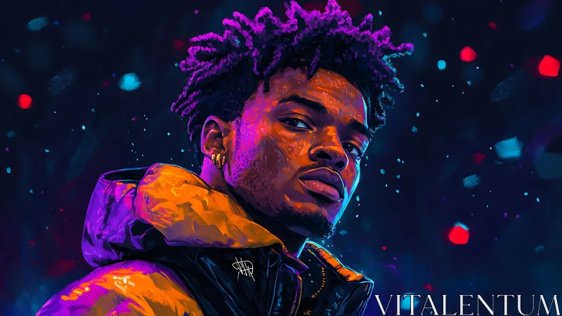 Neon-lit portrait of man in orange jacket, cyber glow palette.