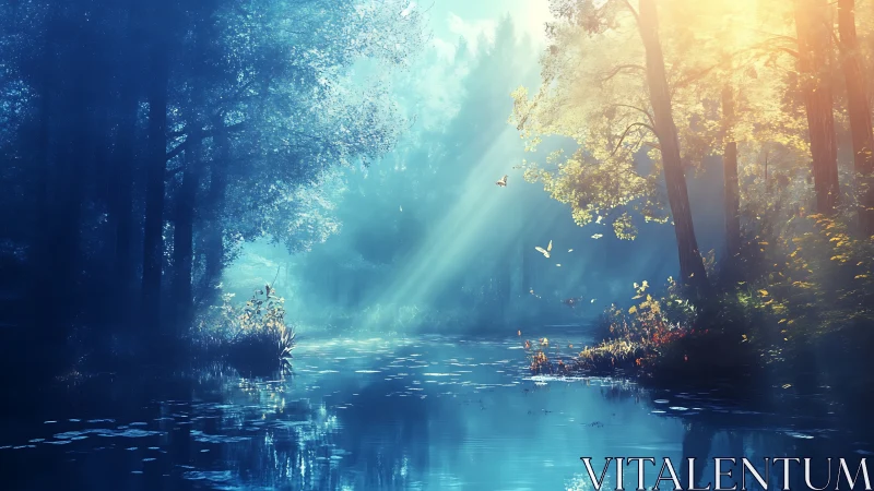 Sunlit forest waterway with dense trees and rising mist.