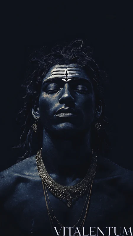 Divine blue figure in chiaroscuro with ornate golden jewelry.