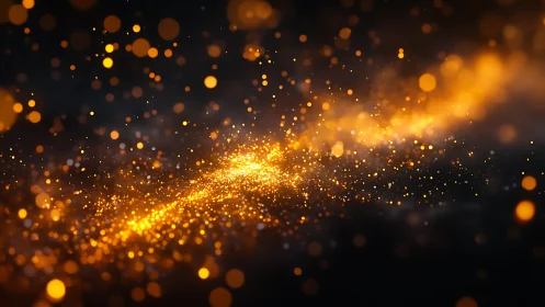 Golden particle stream drifts through deep cosmic darkness.