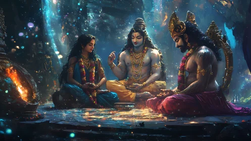 Hindu deities seated in cave interior with ritual elements.