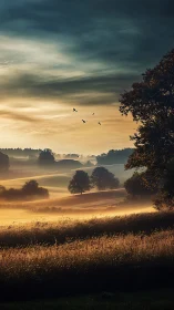 Misty sunrise over rolling countryside fields and trees.