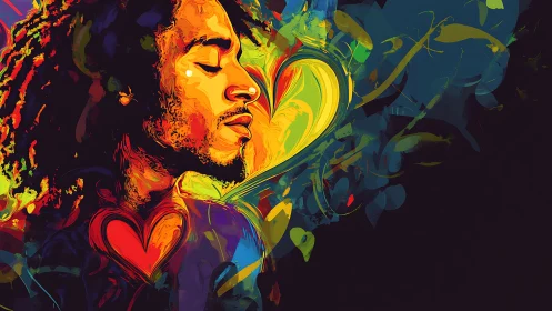 Vibrant portrait with abstract neon heart and swirling strokes.