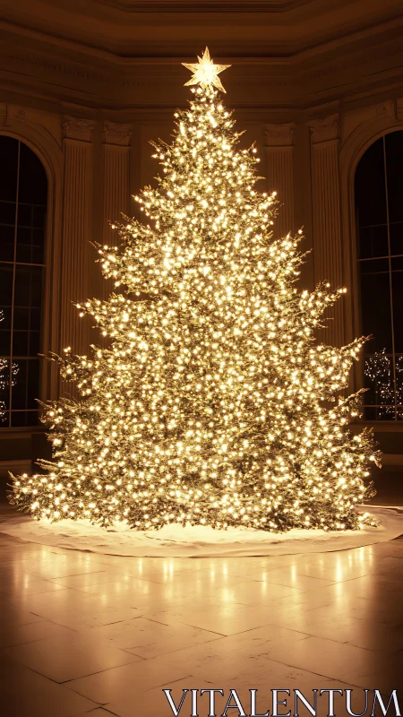 Symmetrical indoor Christmas tree densely lit with warm LEDs