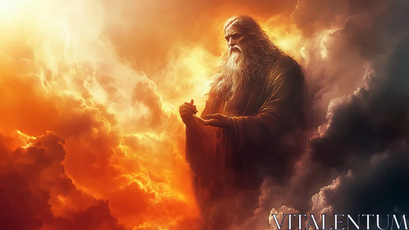 Ancient robed sage emerges through blazing celestial clouds.