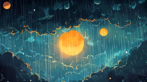 Illustrated sky shows twin orange orbs behind stylized rainfall
