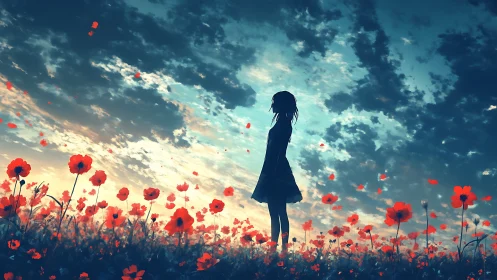 Girl in a glowing poppy field under a dreamy evening sky.