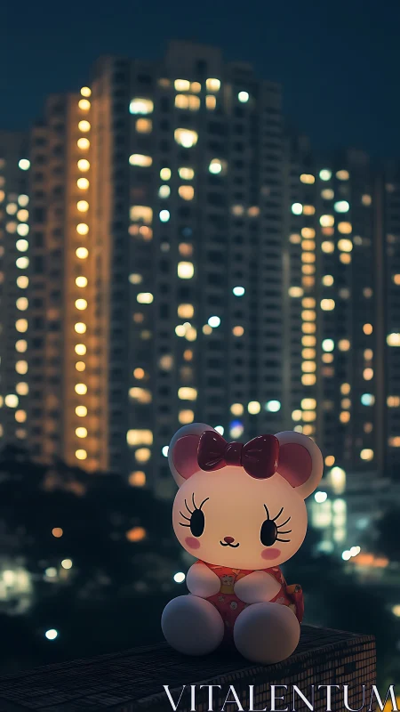 Glowing kawaii bear toy contrasts with defocused urban high-rises