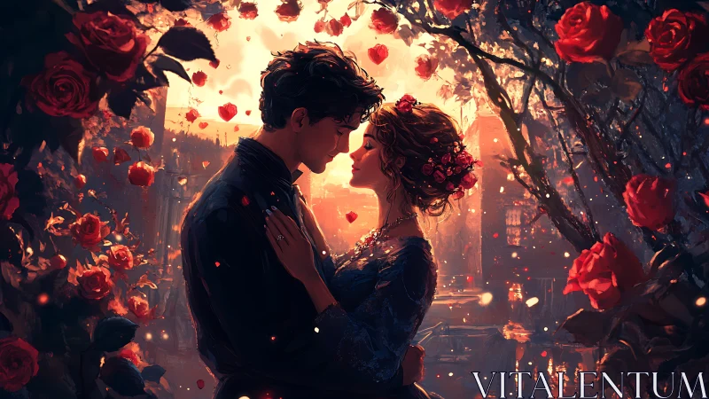 Silhouetted couple embrace amid glowing roses.