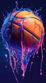 Hyperreal basketball engulfed in neon liquid splash dynamics