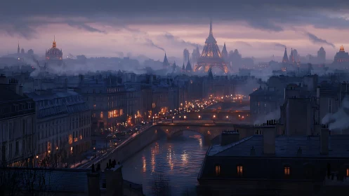 Foggy Paris evening wrapped in soft river lights and glow.