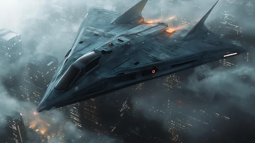 Nocturnal stealth cruiser skims neon fog above citynight.