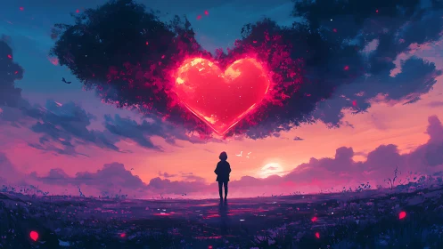 Neon Heart Silhouette: Luminous Geometric Form Against Sunset Sky