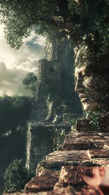 Stone colossus face overlooks misty overgrown temple ravine