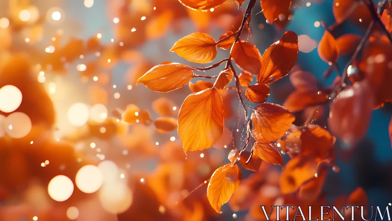 Golden autumn leaves glowing in gentle evening light.