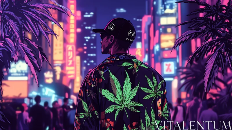 Neon jungle drifter in a cannabis patterned city dreamscape.