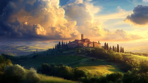 Sunlit hilltop village embraced by glowing storm clouds.