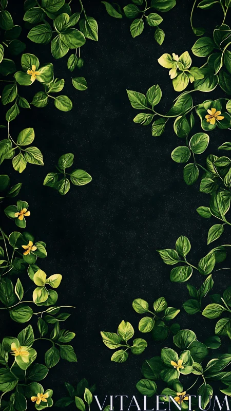 Green leafy border on dark textured background design.