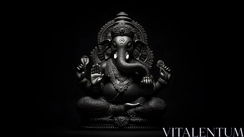 Black Ganesha statue sits centered under focused studio lighting