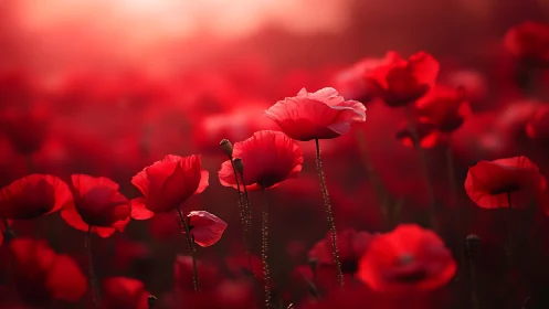 Red poppies photographed with selective focus in field setting.