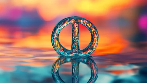 Translucent peace symbol glowing on liquid horizon.