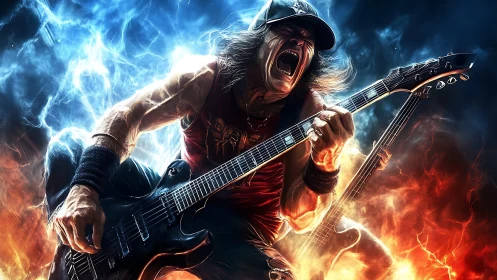 Explosive rock guitarist shredding amid fire and lightning.