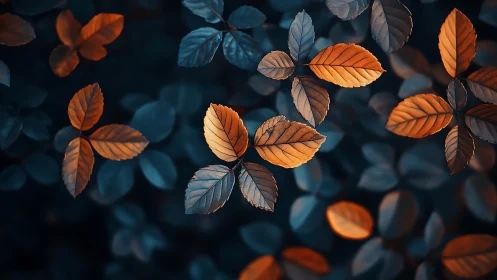 Orange and blue leaves form a high contrast abstract pattern