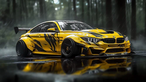 Yellow widebody race coupe under cinematic forest rainfall.