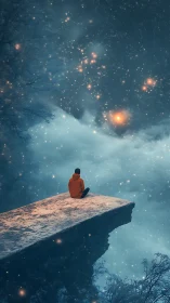 Stargazing soul rests on a snowy cliff above glowing skies