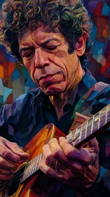 Digital painting portrait of guitarist in prismatic tessellation style.
