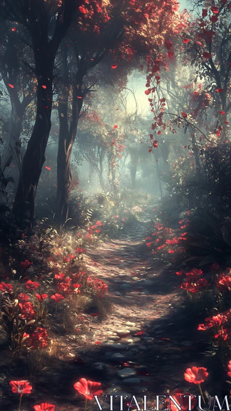 Luminous Forest Path Framed by Red Flowering Canopy