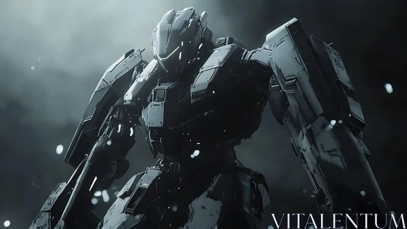 Heavily armored combat mech in dark cinematic lighting.