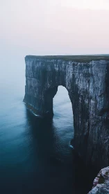 Sea cliff arch over calm blue water in soft evening light.