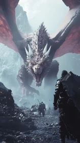 Armored warriors confront large dragon in rocky valley.