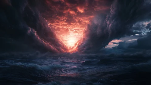 Apocalyptic ocean storm under radiant inferno sky portal.